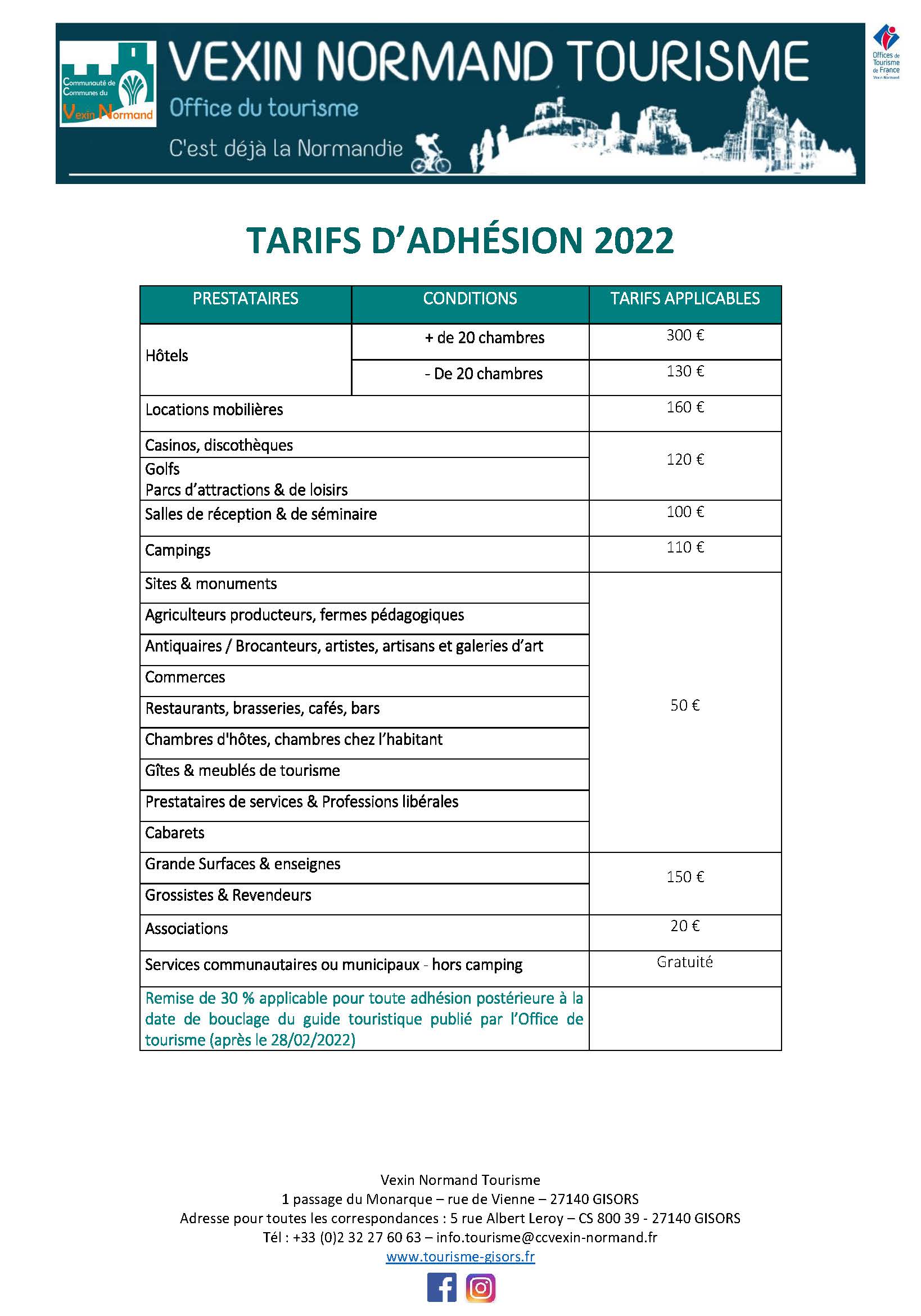 Tarifs adhésion 2022 Vexin Normand Tourisme